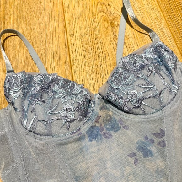 Vintage Blue Floral Corset Top Mesh Embroidery Small - Picture 3 of 3